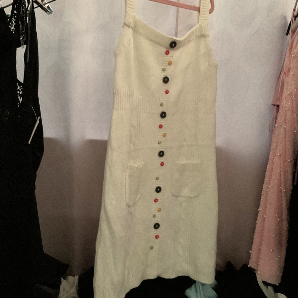 Gorgeous, crocheted, white mini pocket dress with colorful buttons